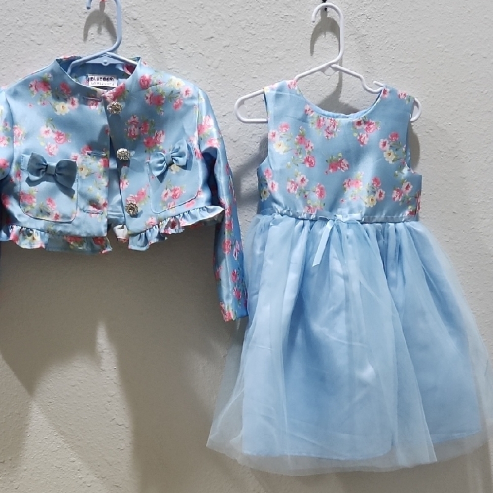 Floral Blue Dress with Jacket Set